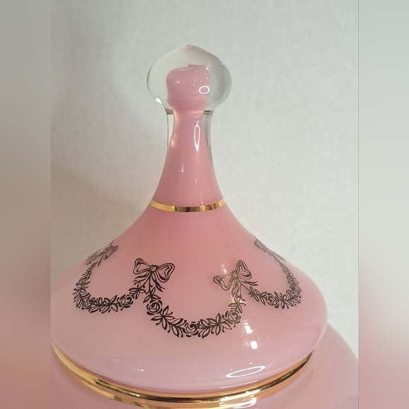 Antique Hand Blown Pink Opaline Glass Vase Handpainted Gold Trim with Lid - Picture 8 of 10